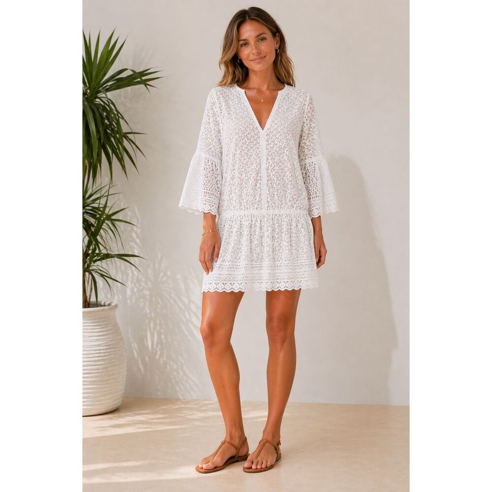 Melissa Odabash White Eyelet Bell Sleeve Beach Cover Up Kaftan V-Neck Size L